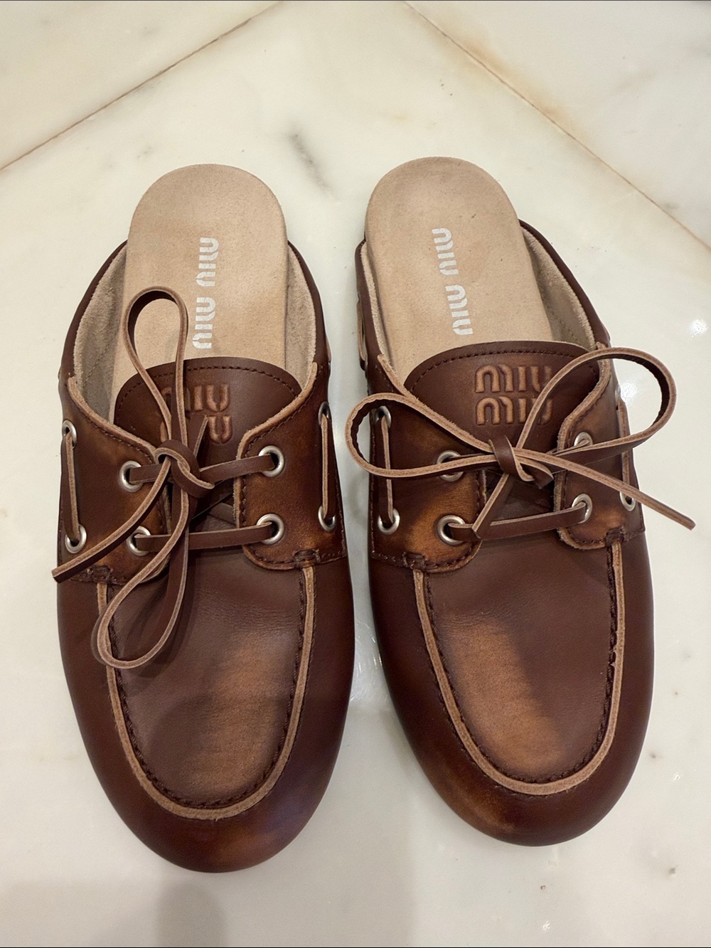 Miu Miu Brown Leather Lace-Up Mule loafers